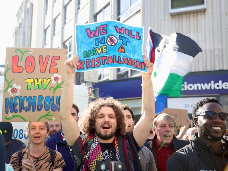 Anti-racism protesters at Belfast City Hall on Friday evening.
PICTURE COLM LENAGHAN