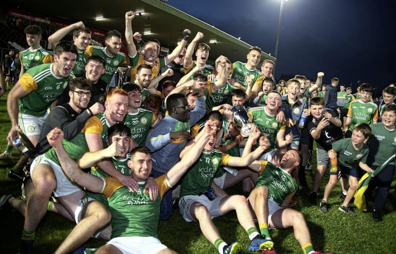 Dungannon Clarke&#39;s players celebrate after defeating Trillick in the Tyrone SFC final to lift the O&#39;Neill Cup at Healy Park in Omagh on Sunday Sep 20 2020 Picture by Seamus Loughran. 