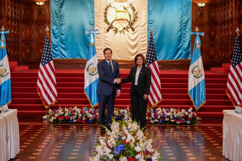 US Secretary of State Marco Rubio, left, shakes hands with Guatemalan Vice President Karin Herrera during a photo opportunity at the National Palace in Guatemala City (AP)