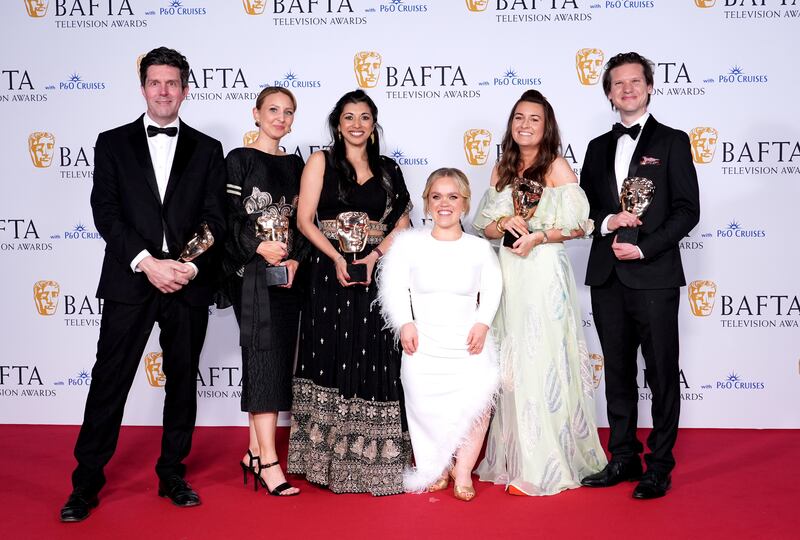 Nick Underhill, Jasleen Sethi, David Thompson, Kathryn Jein, Colleen Flynn and Ellie Simmonds in the press room after winning the Single Documentary award for Ellie Simmonds: Finding My Secret Family