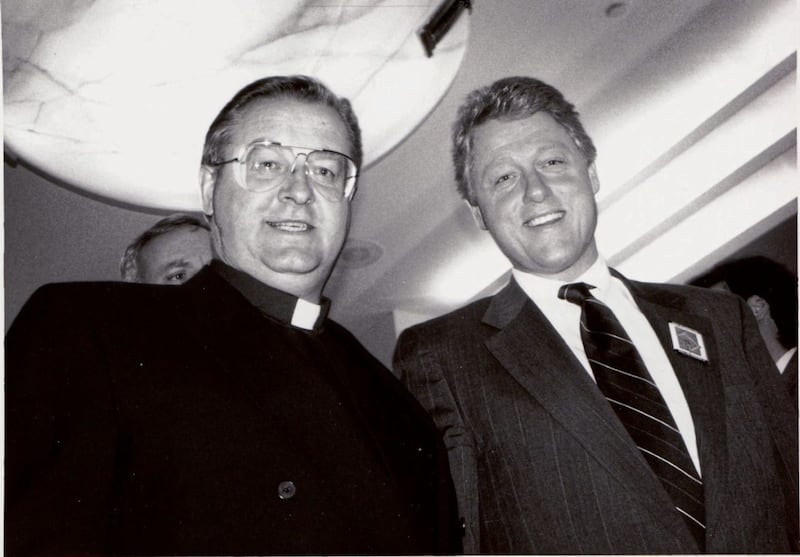 Fr Sean McManus pictured with Bill Clinton in 1992 