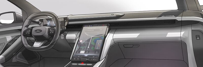 A large sliding infotainment screen conceals a locker in the Ford Explorer's dashboard