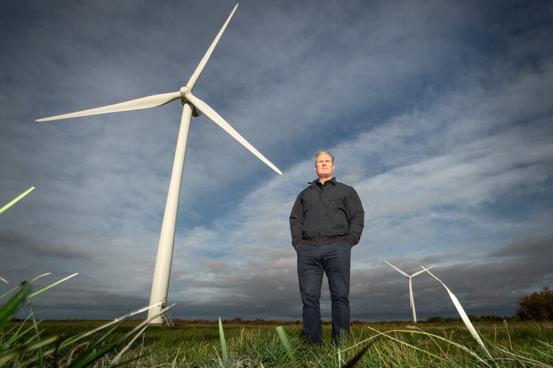 Labour Party leader Sir Keir Starmer visits an on-shore wind farm near Grimsby in Lincolnshire where the Labour leader announced he will expand on the Party�s plan for clean power by 2030, which includes doubling the amount of onshore wind farms and quadrupling the amount of offshore wind farms in the UK by the end of the decade. Picture date: Thursday November 10, 2022.