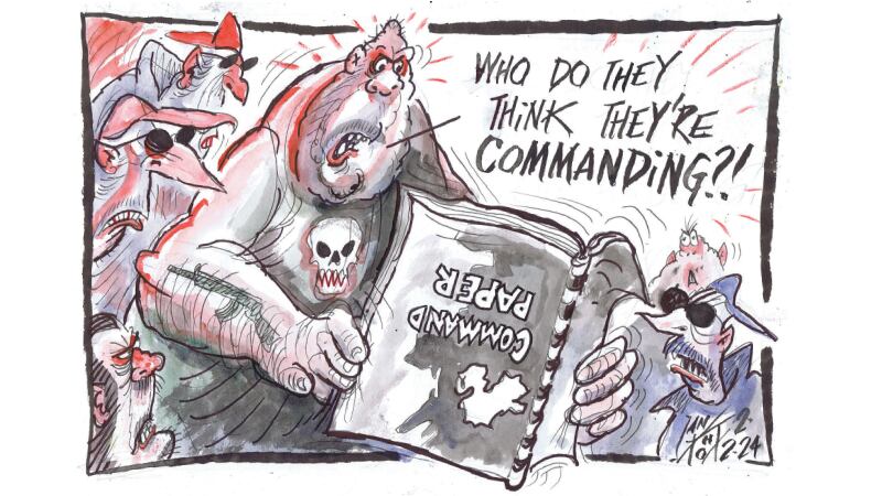 Cartoon showing a man in a t-shirt with a skull on it reading a booklet titled 'Command paper' which he is holding upside down
