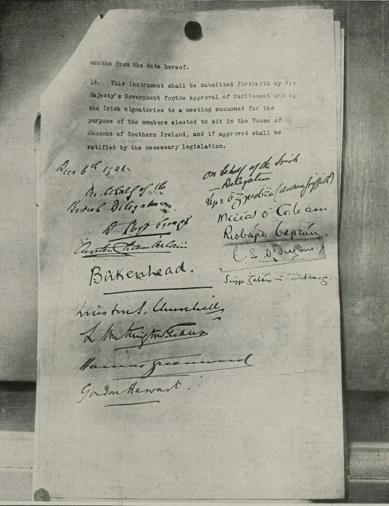 The signatures on the Anglo-Irish Treaty of December 1921, as reproduced in the Illustrated London News. Article 12 of the Treaty led to the establishment of a boundary commission to attempt to settle where the border should be drawn 