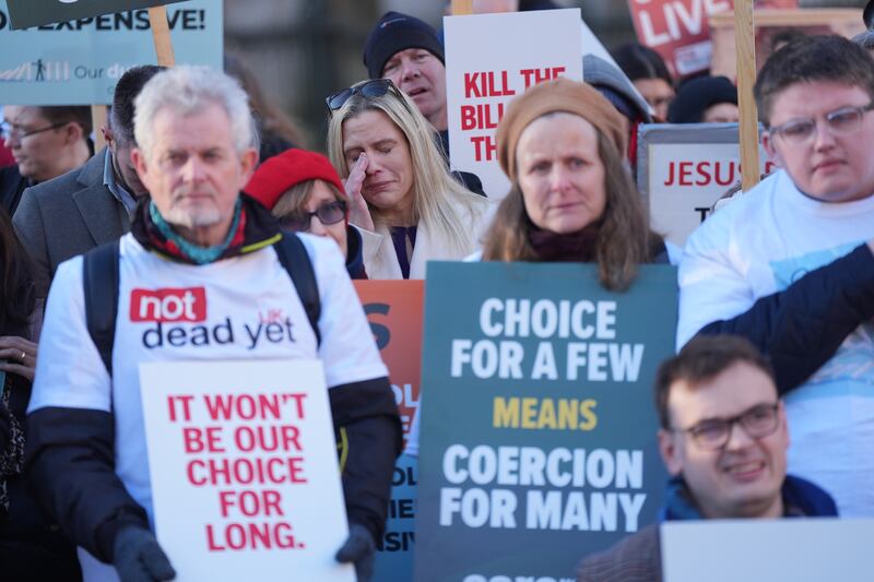 People opposed to the Terminally Ill Adults (End of Life) Bill demonstrated outside Westminster on Friday