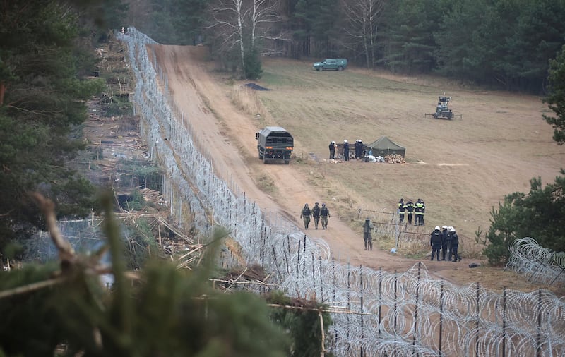 A deserted migrants’ camp near the Kuznitsa checkpoint at the Belarus-Poland border (Leonid Shcheglov/BelTA/AP)