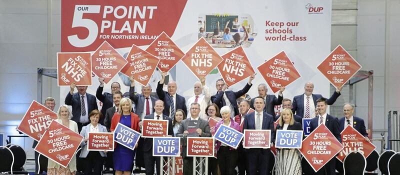 DUP leader Sir Jeffrey Donaldson with his party&#39;s assembly candidates at yesterday&#39;s manifesto launch. Picture by Hugh Russell 