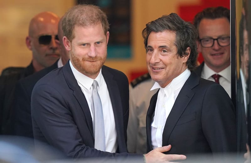 Harry with his barrister David Sherborne after giving evidence in the phone hacking trial against Mirror Group Newspapers in June 2023