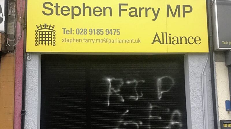 Graffiti sprayed at the constituency office of Stephen Farry in 2021.