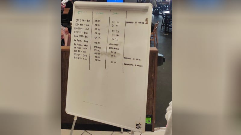 Belfast International Airport resorted to using whiteboards to provide customers with information, so severely impacted has it been by the global IT outage. PHOTOGRAPH: MARTIN MCELROY