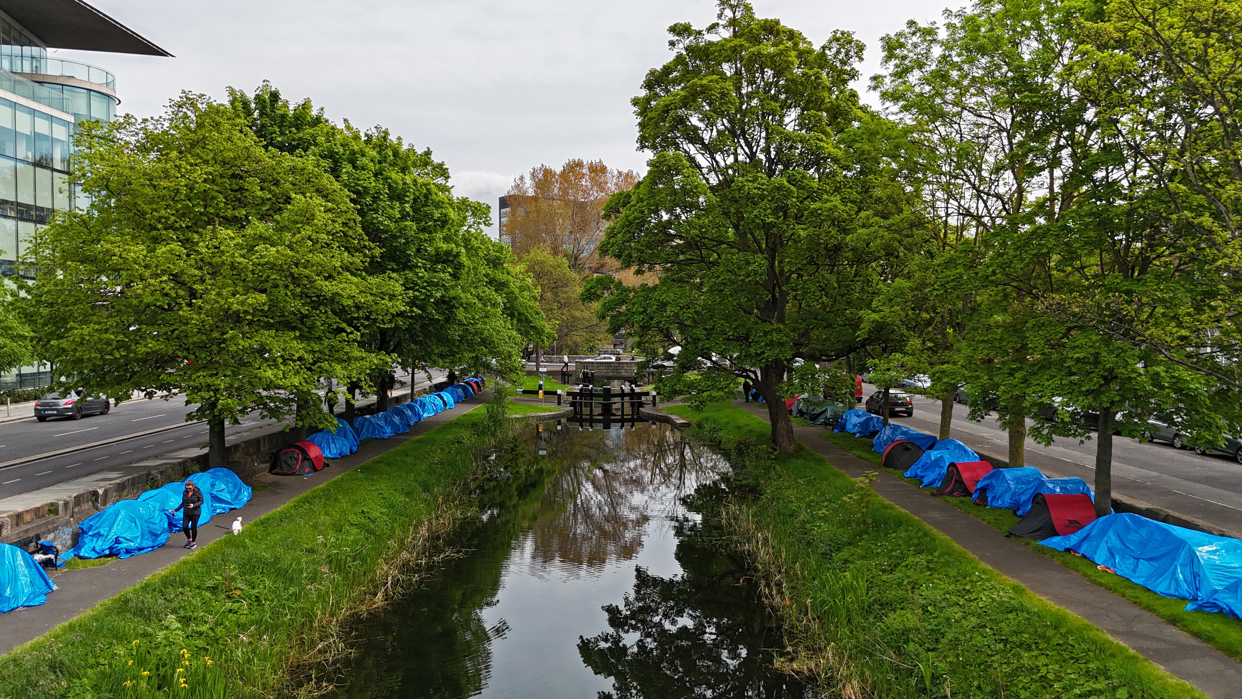 Tents pitched by asylum seekers along a stretch of the Grand Canal in Dublin