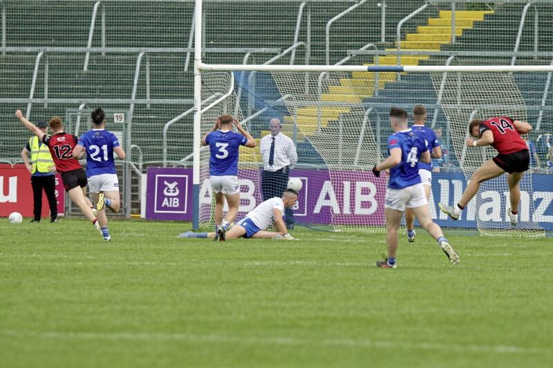 Danny Magill celebrates scoring Down's goal in their Tailteann Cup quarter-final win over Cavan. Picture: Adrian Donohoe 