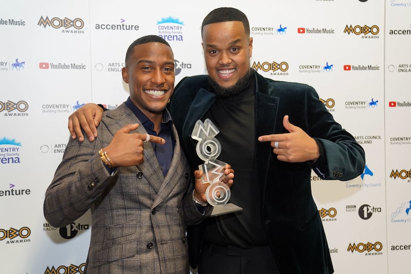 Yung Filly and Chunkz after winning Best Media Personality at the Mobo Awards in 2021