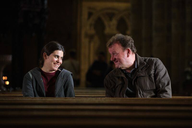 Yara and TJ share a moment in Durham Cathedral in a scene from Ken Loach's The Old Oak