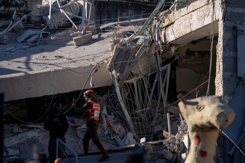 The damage caused after a large piece of shrapnel from Houthi missile collapsed a school building in Tel Aviv, Israel (Ariel Schalit/AP)