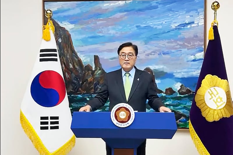 South Korea’s National Assembly speaker Woo Won Shik delivers his speech (South Korea’s National Assembly Speaker’s Office via AP)