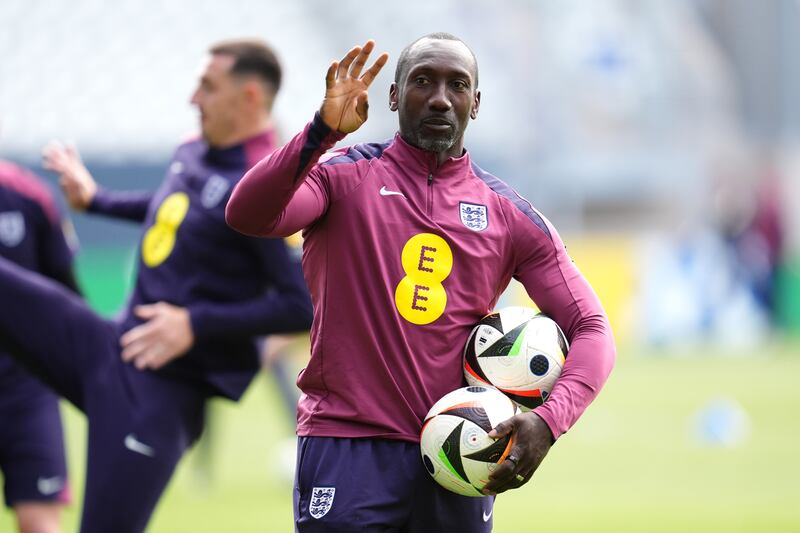 England assistant coach Jimmy Floyd Hasselbaink during a training session at the Ernst-Abbe-Sportfeld in Jena