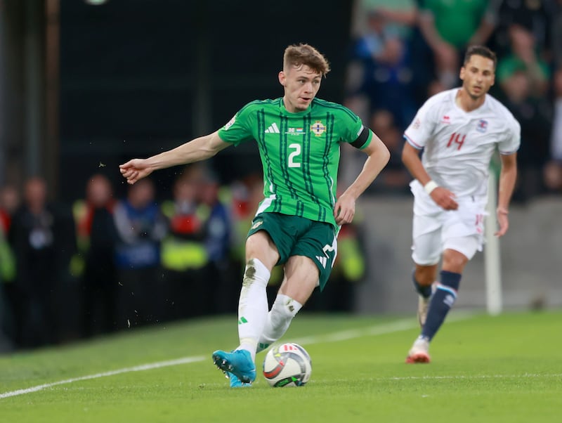 Conor Bradley, pictured in action for Northern Ireland during the Uefa Nations League match in Belfast on Thursday, hopes to spread the road safety message to young people