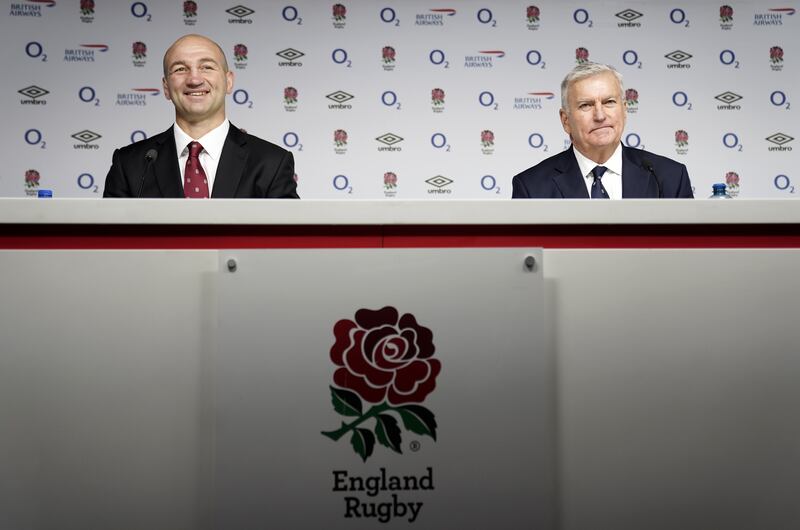 Sweeney (right) at a press conference to unveil Steve Borthwick as England head coach in December 2022