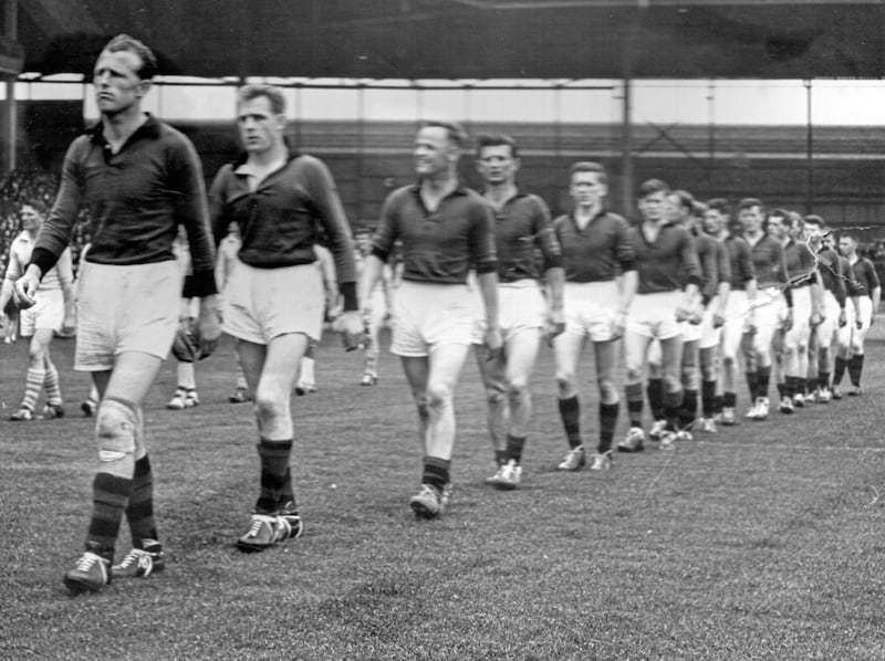 Paddy Doherty leading out the Down team for the 1961 All-Ireland SFC Final. 