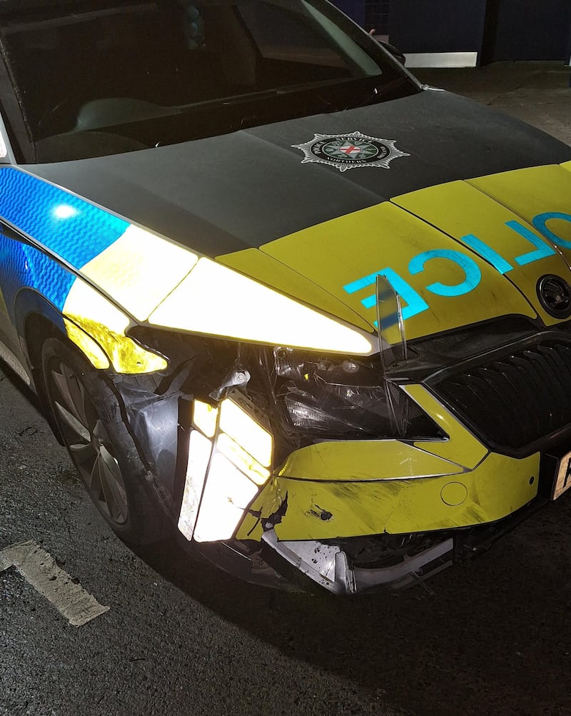 Damage caused to the police vehicle following the ramming incident in Newry on Friday, January 24. (PSNI)