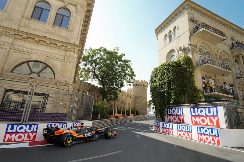 Oscar Piastri drives through Baku’s castle section (AP Photo/Sergei Grits)