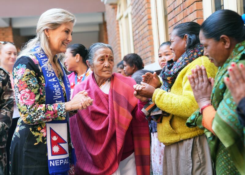 The Duchess of Edinburgh (left) with Anuradha Koirala (centre), founder of Maiti Nepal, during her visit to Maiti Nepal, in Kathmandu