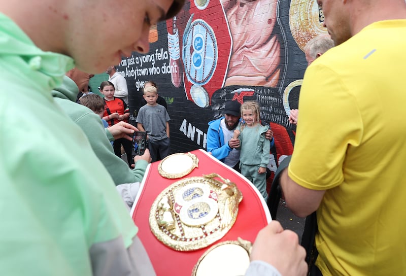 IBF champion Anthony 'The Andytown Apache’ Cacace at The official unveiling of the mural paying tribute to IBF super-featherweight champion on South Link, Andersonstown in West Belfast.
PICTURE COLM LENAGHAN
