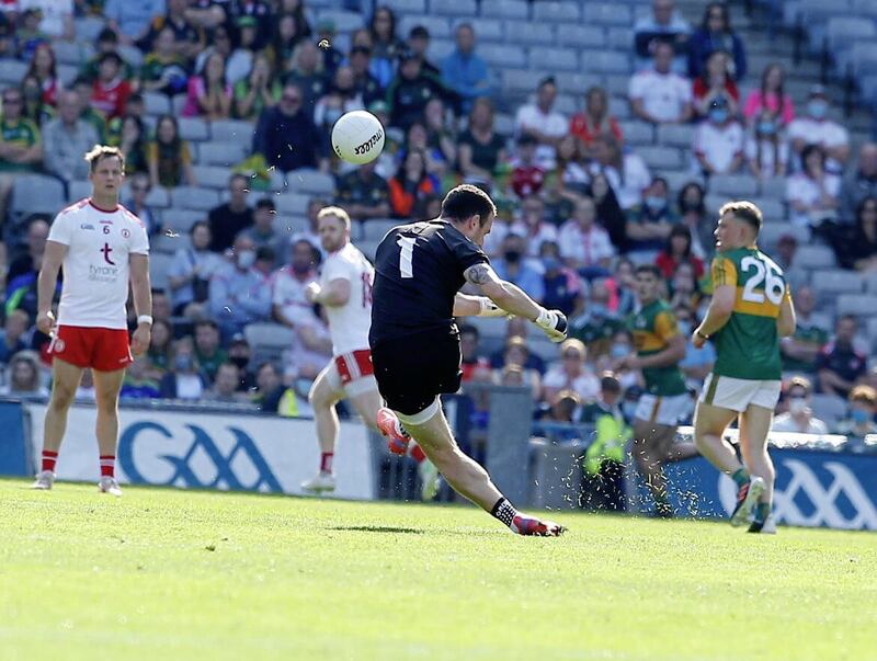 Off to a tee... Niall Morgan picks out a Tyrone jersey from a kick-out. Pic Philip Walsh.