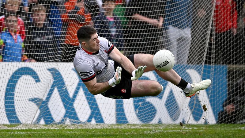 Derry goalkeeper Odhran Lynch saves a penalty from Mayo's Ryan O'Donoghue during the penalty shootout of the GAA Football All-Ireland Senior Championship preliminary quarter-final match between Mayo and Derry at Hastings Insurance MacHale Park in Castlebar, Mayo. Photo by Seb Daly/Sportsfile