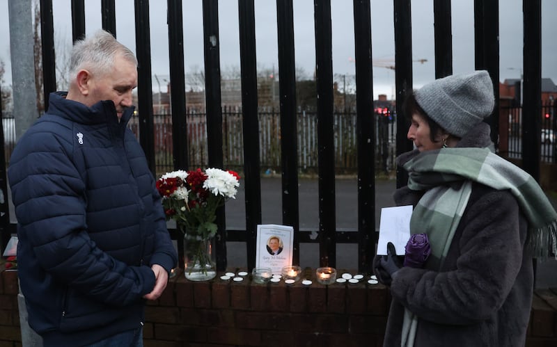 Family and Friends during a vigil   from Writer’s Square to Henry Place in Belfast on Saturday.
Gary McMahon (58) died last month as a result of injuries sustained in a collision with a lorry.
PICTURE COLM LENAGHAN