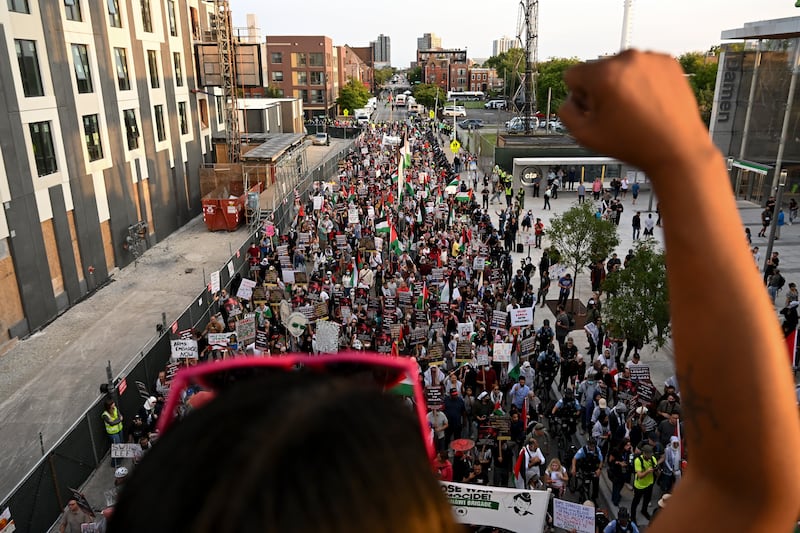 Protesters march during a demonstration outside the Democratic National Convention in Chicago (Noah Berger/AP)