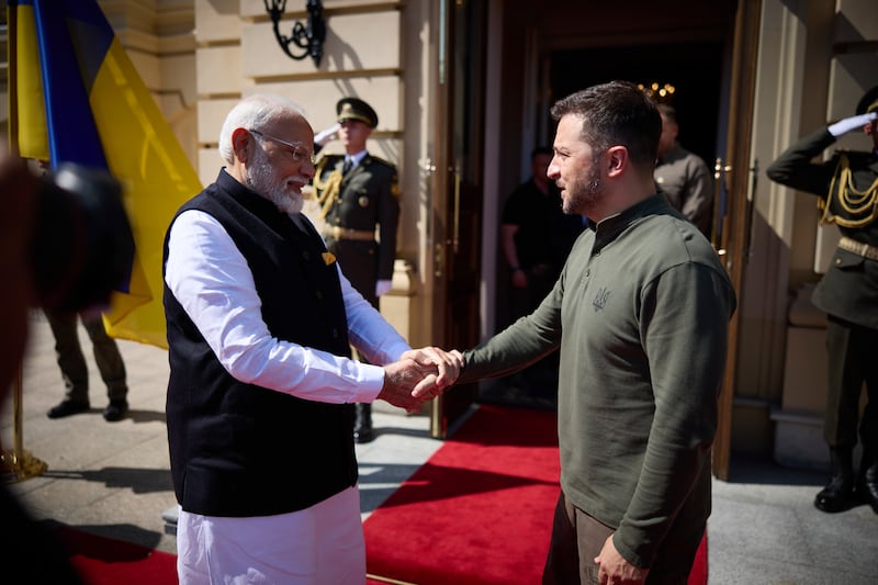 Indian Prime Minister Narendra Modi greets Ukrainian President Volodymyr Zelensky in Kyiv (Ukrainian Presidential Press Office/AP)