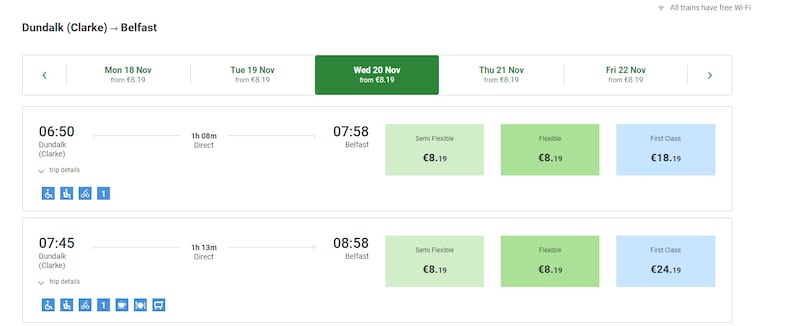 Train prices from Dundalk to Belfast on Irish Rail's website