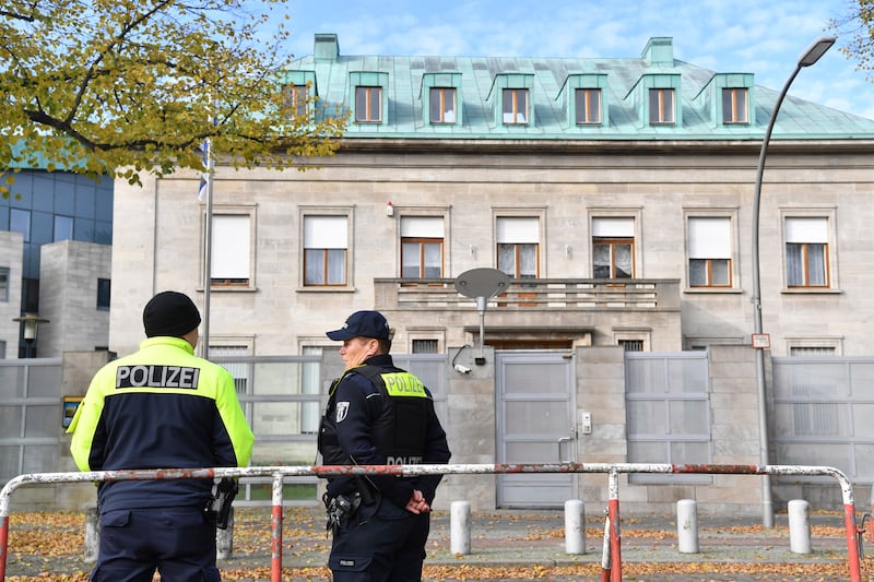 Police stand by the Israeli embassy in Berlin on Sunday (Paul Zinken/dpa/AP)