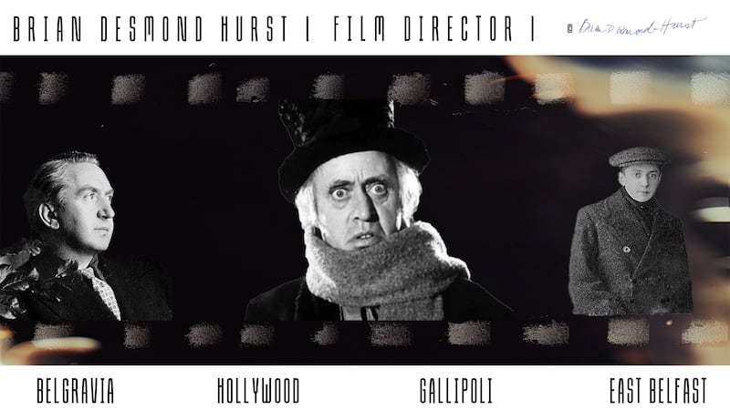 An image resembling a movie reel showing black and white images of Desmond Hurst  and the character of Scrooge from his Christmas movie Scrooge.