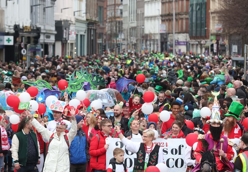 Performers entertain the crowd as  Thousands line the streets for the St Patrick’s day Parade in Belfast on Sunday.
PICTURE COLM LENAGHAN