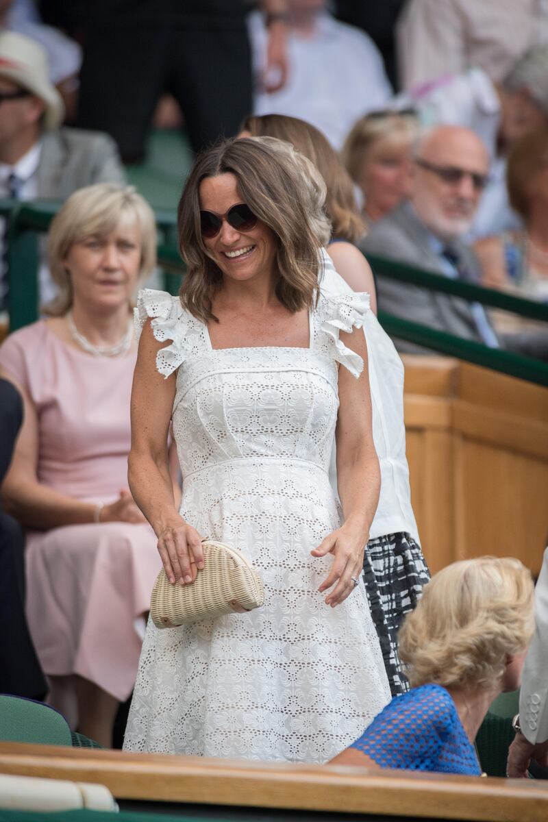Pippa Middleton, sister of the Princess of Wales, wore a lace square-neck white sundress to Wimbledon 2018 Pippa Middleton t