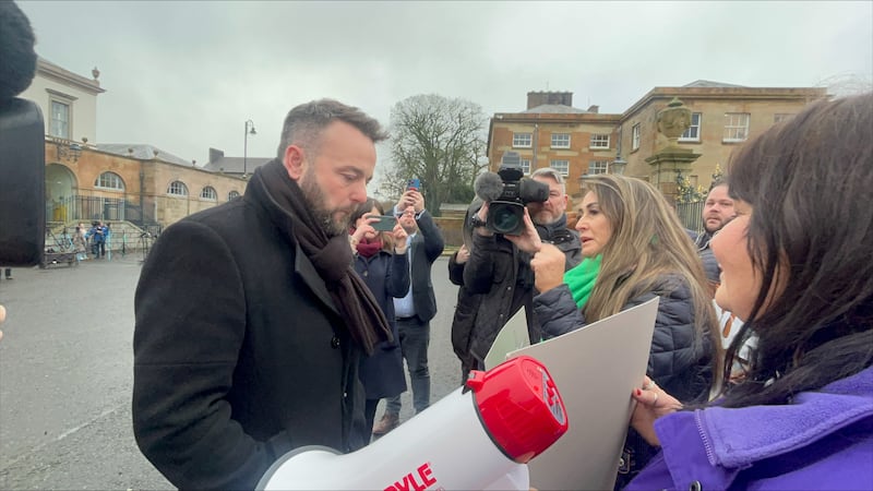 SDLP leader Colum Eastwood speaks with Unison chairwoman Stephanie Greenwood outside Hillsborough Castle