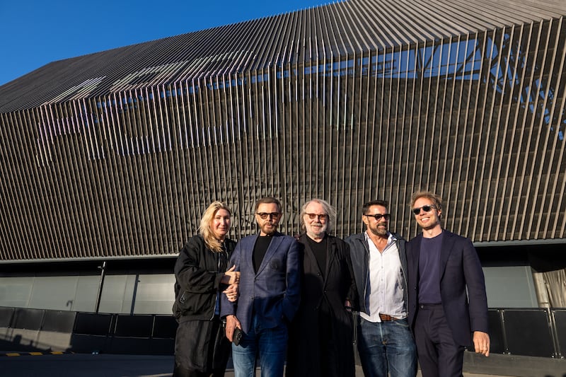 Svana Gisla, Bjorn Ulvaeus, Benny Andersson, Baillie Walsh and Ludvig Andersson at the Abba Arena on the second anniversary of Abb Voyage (Tom Bradley)