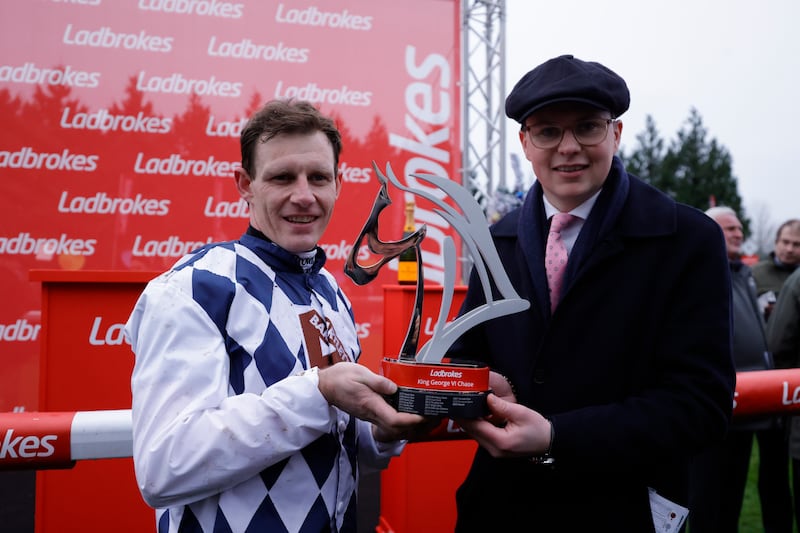 Jockey Paul Townend (left) and trainer JP O'Brien celebrate with the trophy after winning the Ladbrokes King George VI Chase with Banbridge on King George VI Chase Day at Kempton Park Racecourse, Sunbury-on-Thames, Surrey. Picture date: Thursday December 26, 2024. PA Photo. See PA story RACING Kempton. Photo credit should read: Steven Paston for The Jockey Club/PA Wire.

RESTRICTIONS: Editorial Use only, commercial use is subject to prior permission from The Jockey Club/Kempton Park Racecourse