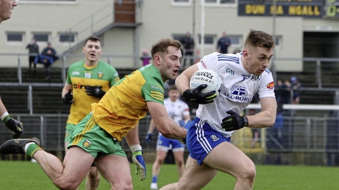 Monaghan&#39;s Micheal Bannigan goes on the attack during Sunday&#39;s Division One victory over Donegal 