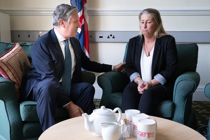 Sir Keir Starmer speaks with Cheryl Korbel, the mother of Olivia Pratt-Korbel