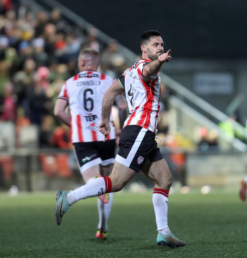 Derry City Pat Hoban celebrates a goal against Bohemians at the Brandywell on Friday night. Picture Margaret McLaughlin 11-10-2024