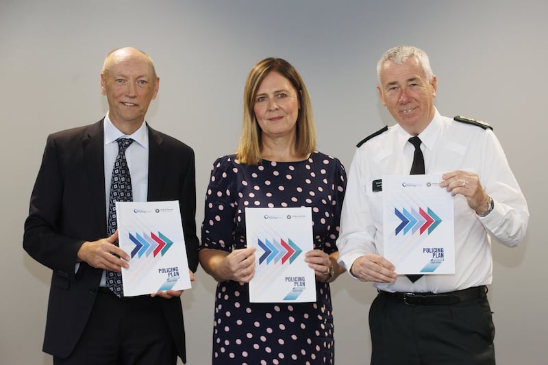 (left to right)) Northern Ireland Policing Board Vice Chair Board Brendan Mullan, Northern Ireland Policing Board Chief Executive Sinead Simpson and Police Service of Northern Ireland Chief Constable Jon Boutcher