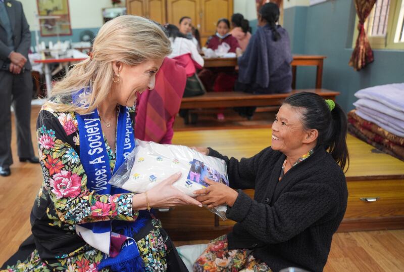 The Duchess of Edinburgh was presented with an embroidered cushion during her visit to the women’s shelter