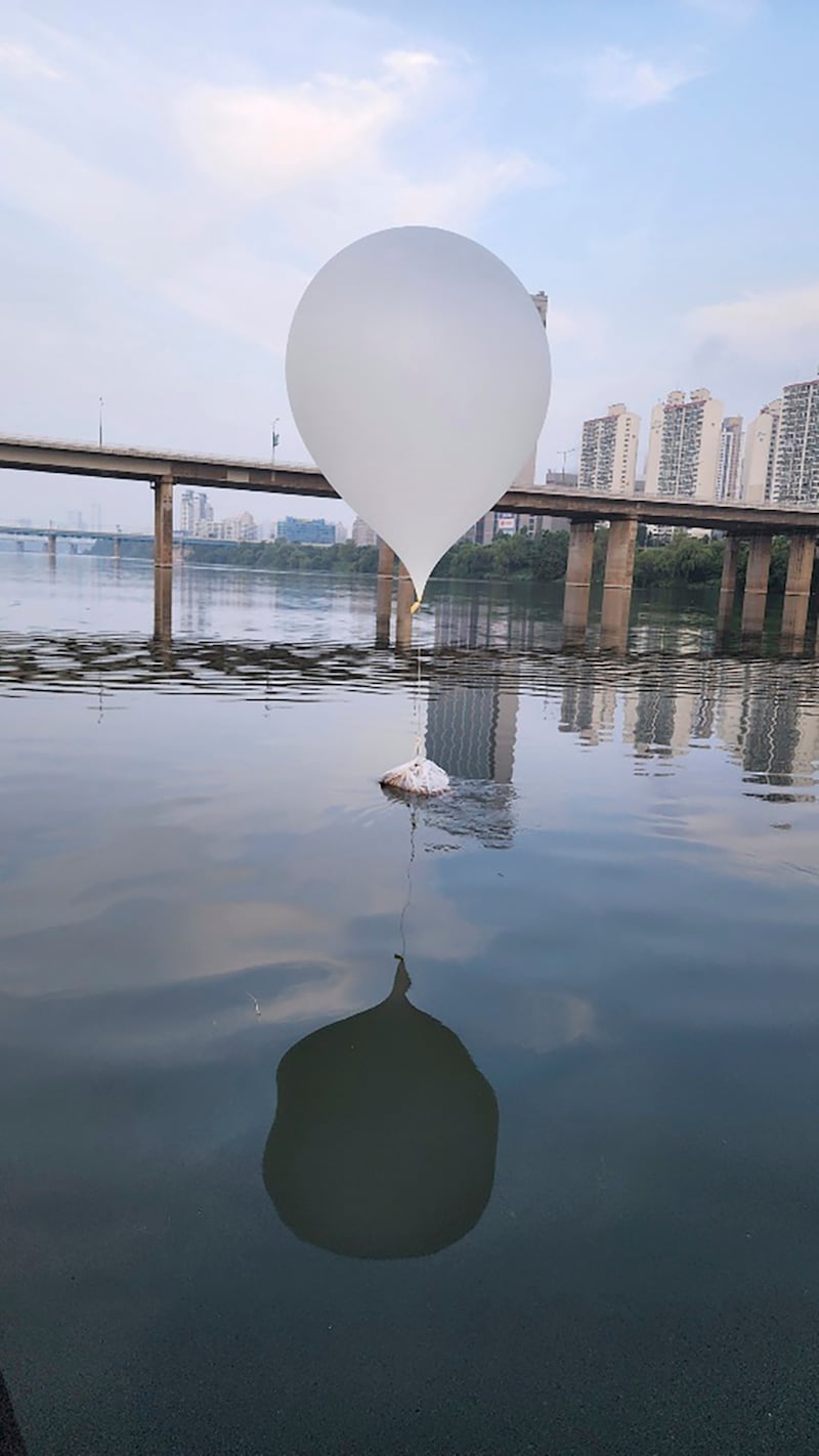 A balloon believed to have been sent by North Korea on the Han River in Seoul (South Korea Joint Chiefs of Staff/AP)