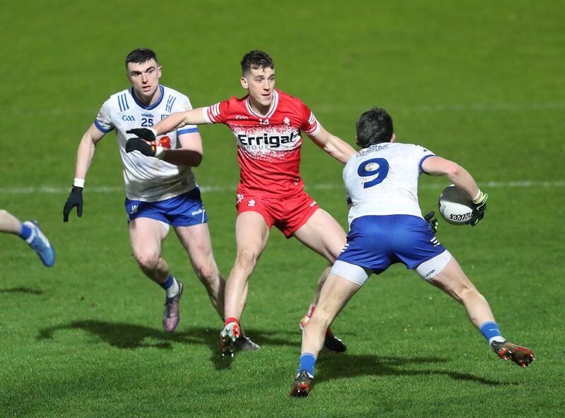 Shane McGuigan was at his imperious best on Saturday night, landing 11 points as Derry cruised beyond Ulster rivals Monaghan at Celtic Park. Picture by Margaret McLaughlin