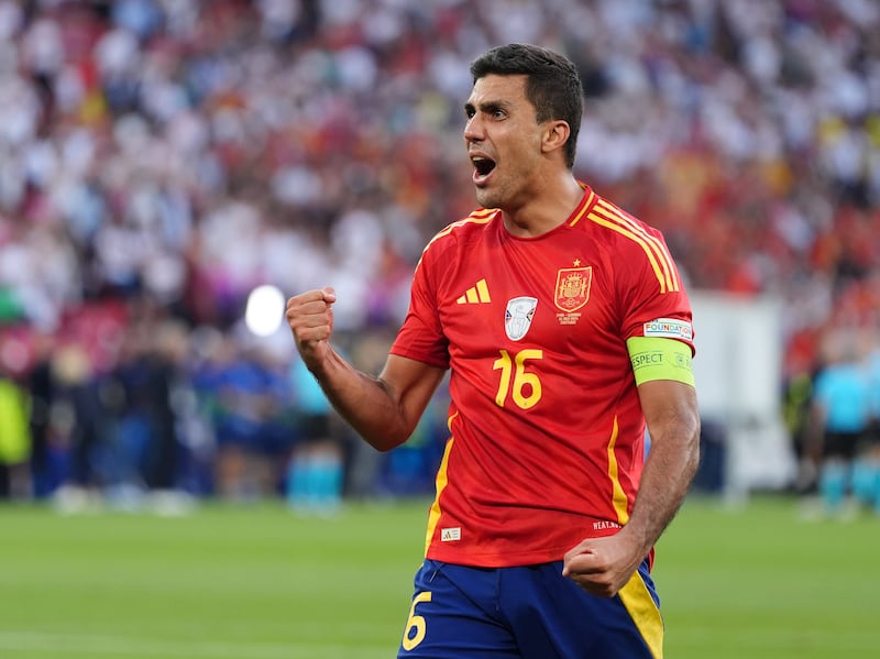 Spain’s Rodri celebrates their win over Germany in the Euro 2024 quarter-final.